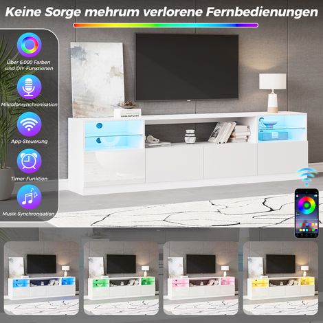 Meuble TV avec éclairage LED, meuble ouvert, 4 portes battantes, 8 compartiments de rangement, finition laquée blanche brillante, support TV pour téléviseurs jusqu'à 75 pouces, meuble TV bas pour salo (1/4)