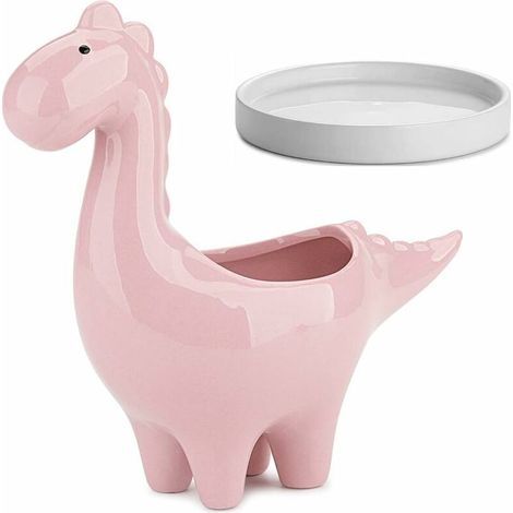 Succulent Pots with Drainage Tray 7 inch White Glazed Ceramic Dinosaur Pot for Indoor Succulent Planters Cactus Decor, PINK (1/5)