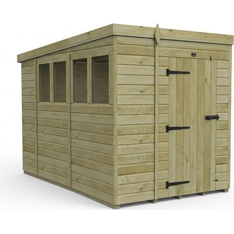 6ft x 10ft Pent Garden Shed Single Door With Windows - Pressure Treated Timber - L183 x W305 x H210 cm - Natural