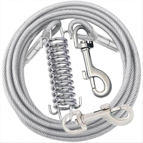 Laisse d'attache pour chien, en fil d'acier avec ressort renforcé, idéale pour les grands chiens courant en extérieur, couleur argent. (1/5)