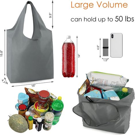 Sacs de courses réutilisables gris, lot de 10, lavables, pliables, avec fermeture éclair et sac de transport, en polyester résistant. (1/4)