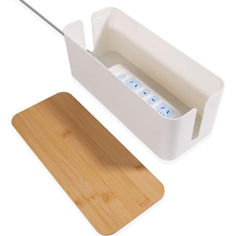 Scatola per la gestione dei cavi: scatola per la conservazione dei cavi con coperchio in bambù - Scatola per la gestione dei cavi per organizzare e nascondere i cavi (bianca) (1/5)