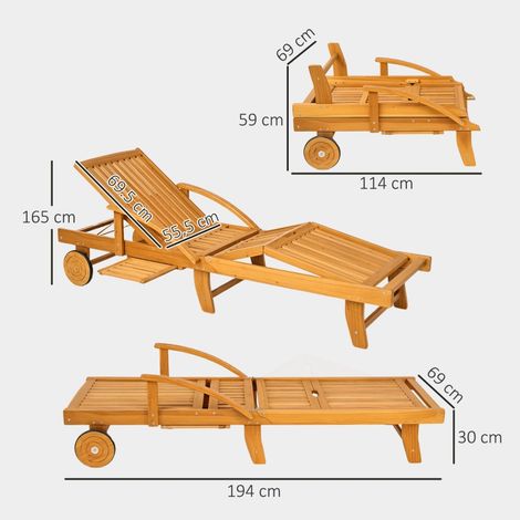 Transat en bois pliable avec table latérale, roues, chaise longue à dossier réglable sur 4 positions, fauteuil de jardin robuste jusqu'à 160 kg, pour extérieur, plage et terrasse, en teck. (1/5)