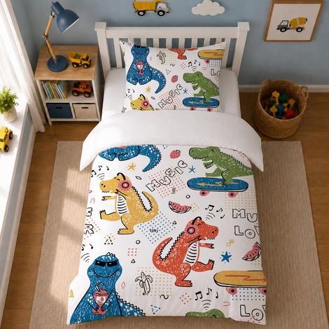Parure de lit pour enfant garçon - 135 x 200 cm - Motif dinosaure - Avec fermeture éclair - En microfibre - Housse de couette et taie d'oreiller de 80 x 80 cm (1/5)