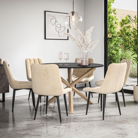 Malvern Round Dining Table And Chairs - Black Table Top w Solid Oak Legs + Nova Velvet Dining Chair Set Of 6 (Beige) (1/5)