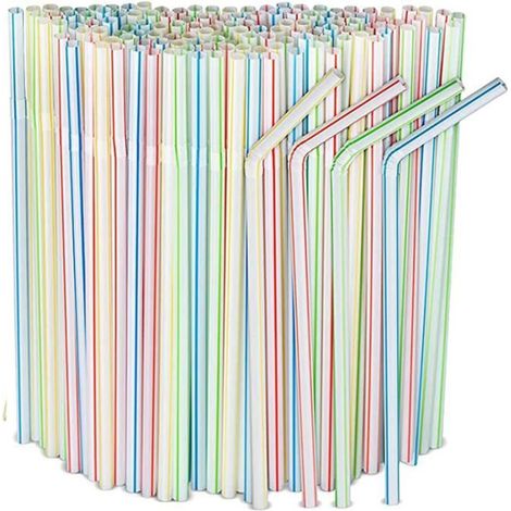 200 pajitas de plástico desechables y plegables de 21 cm, a rayas de colores, para cócteles y fiestas al aire libre. (1/4)