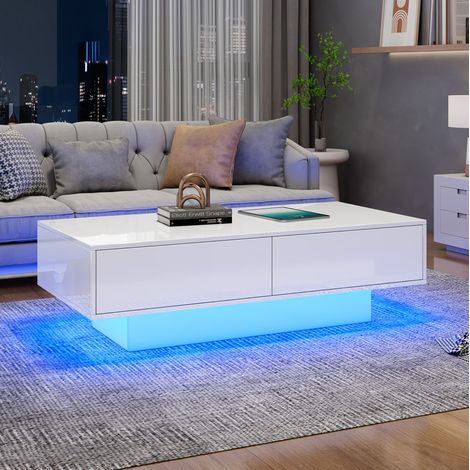 Table basse blanche brillante 115 x 55 x 34 cm avec 2 tiroirs et éclairage LED DESVIAE (1/5)