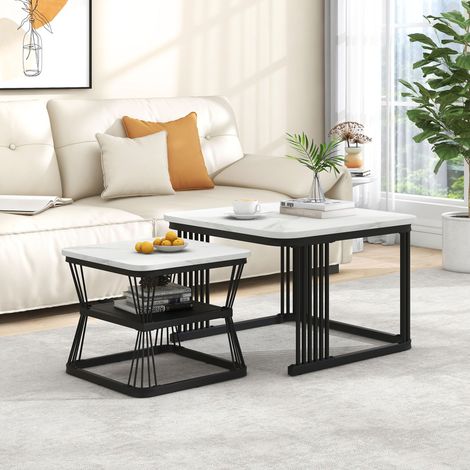 Nest of 2 Tables Square Coffee Table Coffee Table Set Nesting Sofa Table Multi-functional End Side Table Nesting Tables with Black Metal Frame Legs and Marble Pattern White Top for Living Room Home (1/5)