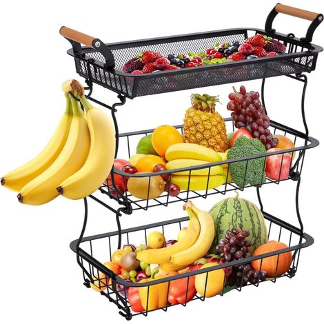 Trintion 3-Tier Metal Fruit Basket with 3 Banana Hangers Rustproof Countertop Kitchen Organizer for Fruits, Vegetables, Bread, Snacks & Pantry Storage Space-Saving Wire Mesh (1/5)