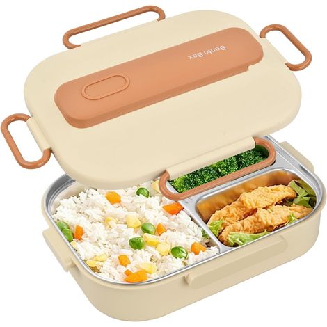 1 Boîte Repas,Acier Inoxydable,3 Compartiments,Couverts Inclus,Étanche,Micro-ondable,École,Bureau
