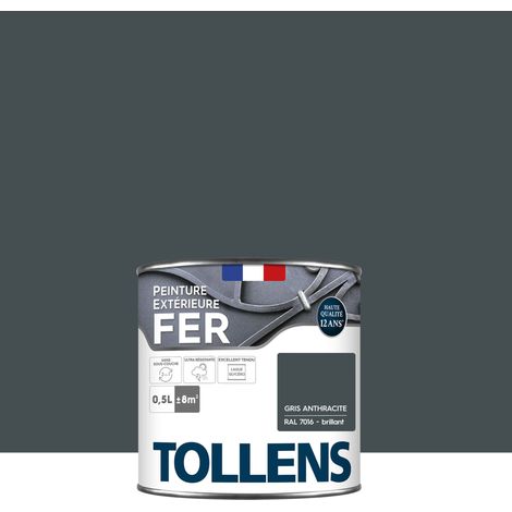 Tollens – Peinture fer extérieure antirouille 2 en 1 – Ultra résistante – Séchage rapide – Brillant – Gris anthracite – 0,5L pour 8m2