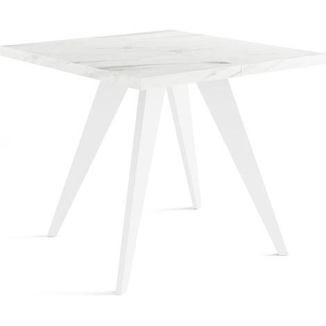Quadratischer Ausziehbarer Esstisch Quadro 100-150 cm - Industrial Esszimmertisch mit Weißen Holzbeinen für 4-6 Personen - Loft-Stil Küchentisch - Marmor Weiß