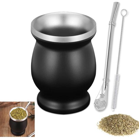 Mate, Taza, Juego de Mate, Mate de 230 ml, con Pajita y Cepillo de Limpieza, Juego de Mate de Acero Inoxidable, para Cocinas, Restaurantes, Color Negro (1/5)