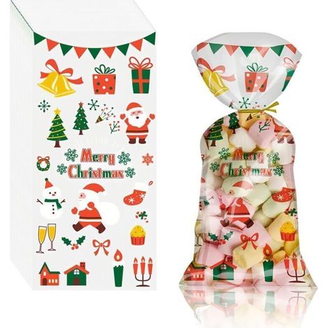 50 pcs sachet bonbons anniversaire Noël, sachet plastique bonbon, boite cadeau noel, sachets transparents pour biscuits, sacs de biscuits pour chocolat, transparent (1/4)