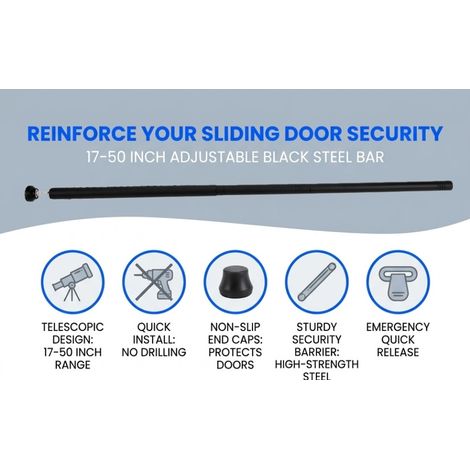 Barre de sécurité pour porte coulissante, serrure de Patio réglable en acier noir de 17 à 50 pouces, pour maison, appartement, bureau (1/5)