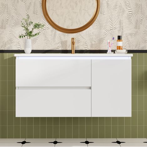Mueble bajo lavabo suspendido (91.5x46.5x50.5 cm), con 2 cajones, luz LED con sensor, lavabo cerámico, MDF blanco (1/5)
