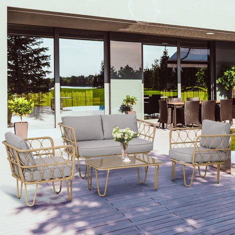 Salotto da Giardino in Rattan Stile Boho con Divano 2 Posti, 2 Poltrone e Tavolino con Vetro