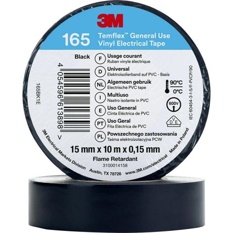Ruban isolant 3M Temflex 165 en Vinyle Noir 10m x 15mm x 0.152mm ( Prix pour 1 )