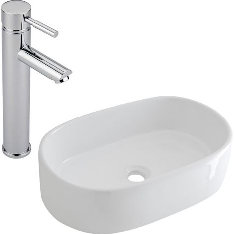 Milano Overton 480mm x 350mm White Ceramic Oval Countertop Bathroom Basin Sink - With High Rise Tap