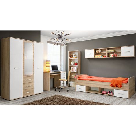 Paris Prix – Chambre d'enfant complète 4 pièces – Lit 204x96x64cm, armoire 135x55x191cm, bibliothèque 59x25x175cm – Chêne Sonoma et blanc