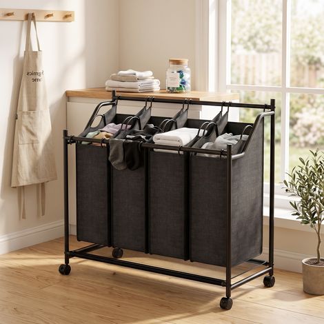 Panier à linge à roulettes avec poignée, 108 L, 4 compartiments, noir (1/5)