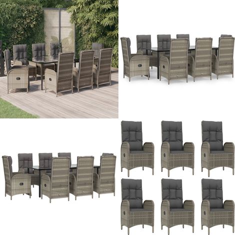 9-tlg. Garten-Essgruppe mit Kissen Schwarz und Grau Poly Rattan - Gartentisch - Gartenmöbel (1/5)