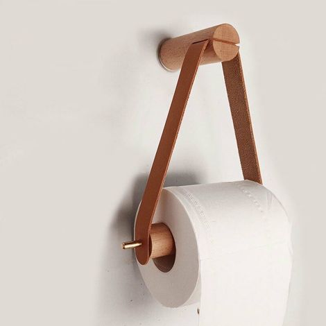 Toilettenpapierhalter, Toilettenpapierhalter aus Holz, Retro-Wandrollenhalter, Küche, Badezimmer, WC, Nordischer Stil, Buchenholz, Kupfergriff, Leder (Braun) (1/5)