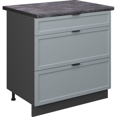 Mobiletto base per cucina Fame-Line, Blu-grigio chiaro, 80 cm con 3 cassetti, PL Antracite, Vicco