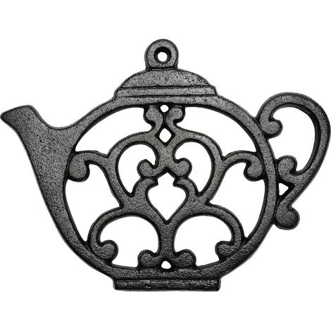 Dessous de plat en fonte robuste et antirouille pour table de cuisine ou de salle à manger, 20,1 x 15,2 cm avec joli motif théière vintage Noir (1/5)