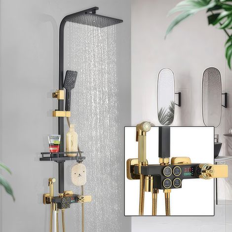 Aufputz-Thermostat-Duschsystem in Schwarz und Gold, Badewannen-Duscharmatur mit Temperaturanzeige, Duschkopf mit Handbrause, Bidet-Sprühkopf