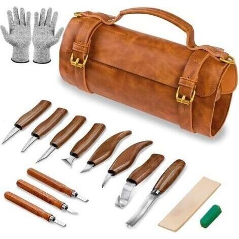 Sculpture Bois Kit, 15 in 1 Pack Outils Deluxe contiennent des Couteaux à Tailler, Gouge a Bois, Gants, Pâte à Polir, XU,un Sac en Cuir, pour Débutants/Professionnels (1/5)