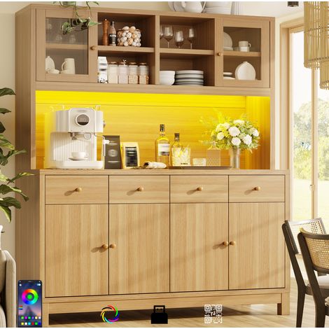 Armario alto de cocina madera 140x38,5x180 cm, MDF, puertas acristaladas, 4 cajones, estantes ajustables e iluminación LED RGB (1/5)