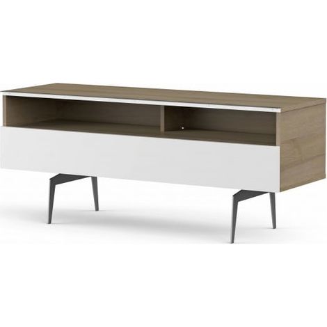 Meuble TV 2 niches 1 porte bois clair et blanc pieds métal Fremantle 120 cm (1/5)