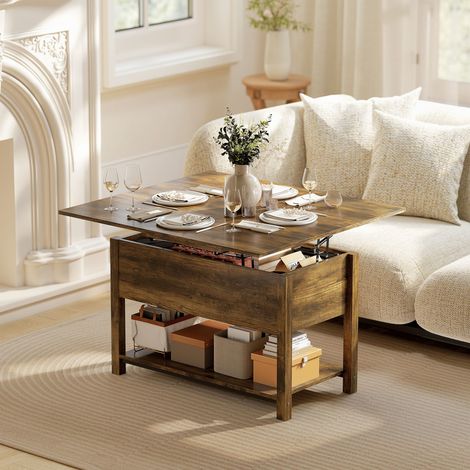 Table avec compartiment caché étagère ouverte 100x45x50,5cm brun rustique - basse relevable et extensible table de salon