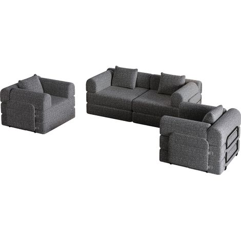 Sofá cama 2 en 1 de chenilla gris con compartimento en el reposabrazos y estructura metálica (1/5)
