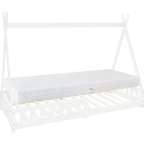 ML-Design Kinderbett Tipi 90x200 cm Weiß mit Matratze H:16cm, Rausfallschutz & Lattenrost, Kiefernholz, Indianer Bett für Mädchen & Jungen, Hausbett mit Zaun, Bodenbett Jugendbett Spielbett Holzbett (1/5)