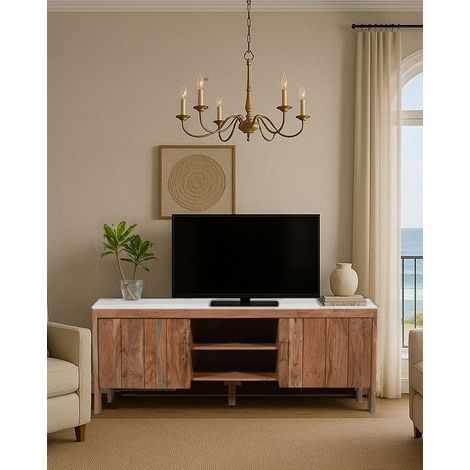 Havena - Meuble TV en bois massif d'acacia et marbre blanc (1/5)