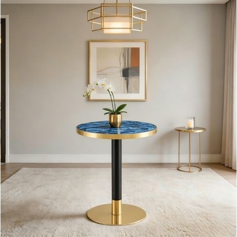 Table d'appoint ronde 60 cm, effet marbre bleu, structure en métal noir et doré OKMYHOME (1/5)