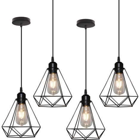 Lampada a Sospensione, Vintage Lampada da Soffitto in Metallo, Plafoniere con Ø20cm Gabbia di Diamante Nero 4 Pezzi (1/5)