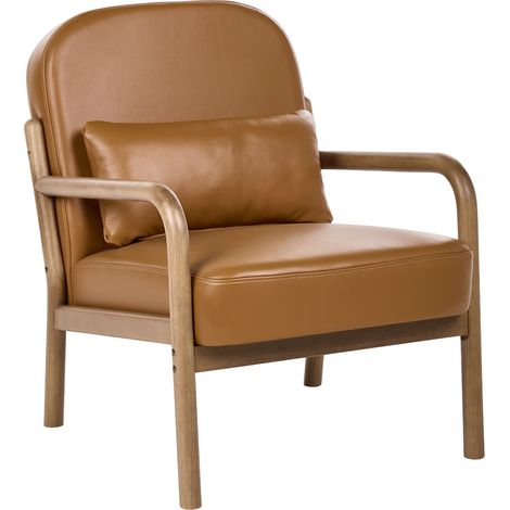 Sillón de estilo moderno de mediados de siglo estructura de madera tapizado de piel marrón dorado Selde (1/5)