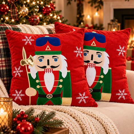 Set 2 Cuscini Natalizi Schiaccianoci 42x42cm Rosso Addobbo di Natale Decorazione (1/5)