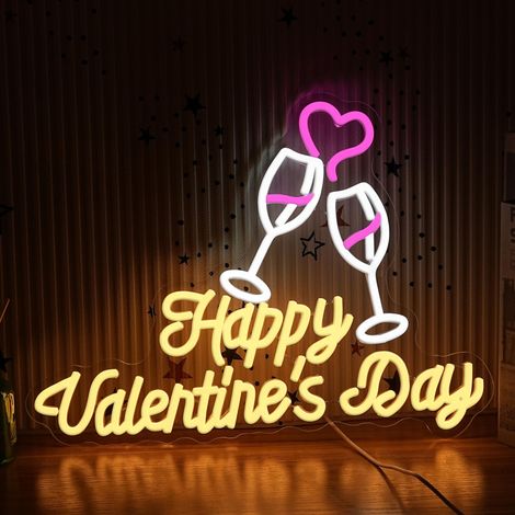 Enseigne néon « Happy Valentine’s Day » — Enseigne LED romantique « Cheers to Love » — Idéale pour la Saint-Valentin, les mariages ou comme cadeau pour les amoureux (1/5)