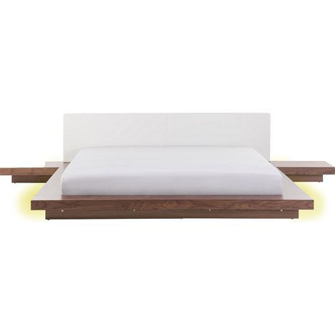 Cama moderna 180 x 200 cm con plataforma LED mesitas de noche cabecero de piel sintética MDF madera de fresno marrón Zen