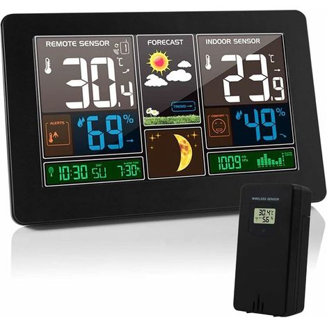 Station Météo Thermomètre Hygromètre Baromètre Intérieur Extérieur avec Capteur LED Ecran, Rétro-éclairage Horloge Numérique Affichage Heure Date Jour Phase de Lune (Noir) (1/5)