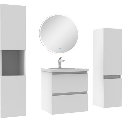 Ensemble meubles Salle de Bain 50cm vasque + colonne + miroir rond mural Blanc (1/5)