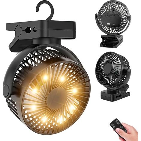 Ventilateur de camping 12000 mAh Mini ventilateur USB silencieux avec télécommande et fonction minuterie, 3 vitesses, clip rotatif à 360° avec lumière LED et crochet pour bureau, maison, tente (1/5)