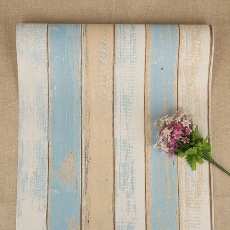 Papier Peint en Bois Auto-Adhésif Brun-Bleu à Rayures en Bois Une Fiche de Contact Papier Peint Amovible Pour Cuisine Porte Armoire Bar Comptoir Chambre 44.5x1000cm (1/5)