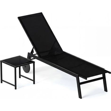 Bain de soleil de jardin noir avec dossier réglable à 6 positions, roulettes et table d appoint en verre trempé pour terrasse (1/5)