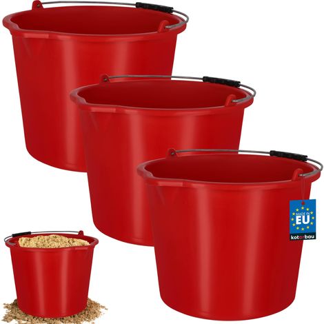 KOTARBAU® Lot de 3 Seau de Maçon - Seau de Construction 16 L - Plastique - Seau de Chantier - Seau à Mortier - Rouge - avec Bec Verseur et Anse - Rond (1/4)