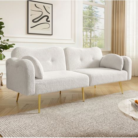 Divano letto da 2 posti bianco con schienale regolabile a 3 posizioni e 6 piedini in metallo dorato (1/5)